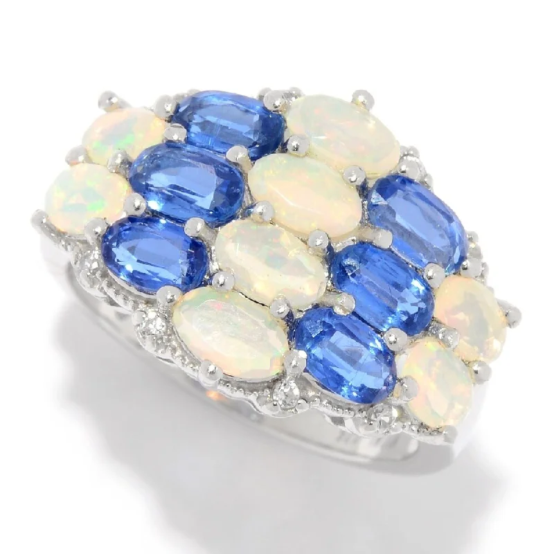 Women’s affordable rings-925 Sterling Silver Ethiopian Opal,Kyanite,White Natural Zircon Ring