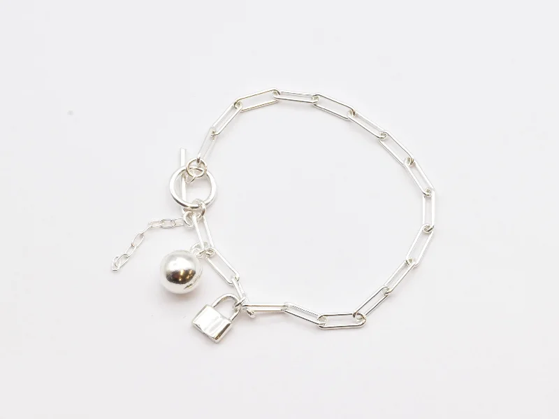 Women’s pearl bangles-Silver Lock Bracelet - Silver Chain Bracelet - Padlock Charm Bracelet