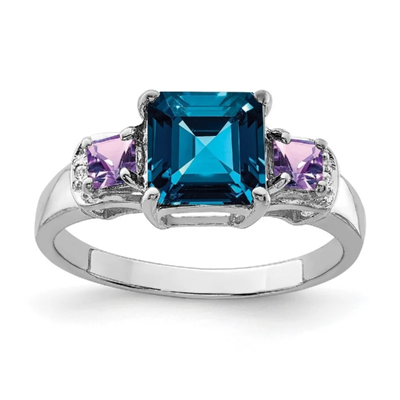 Women’s luxury diamond rings-Curata 925 Sterling Silver London Blue Topaz Amethyst and Diamond Ring