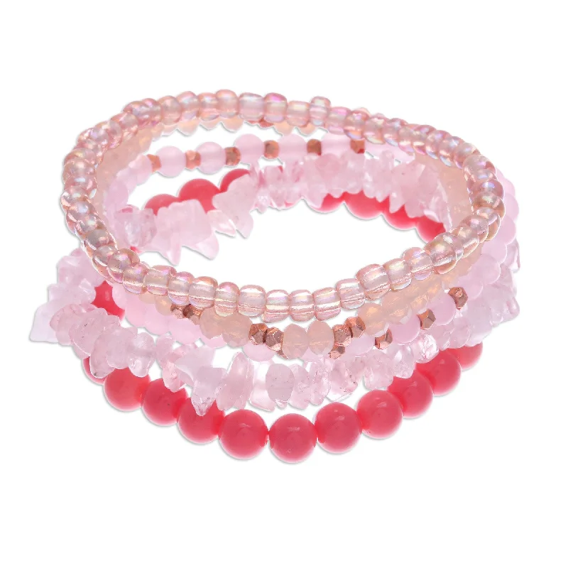 Women’s unique bangles-Novica Handmade Fancy Dream In Pink Quartz Beaded Stretch Bracelets (Set Of 5)