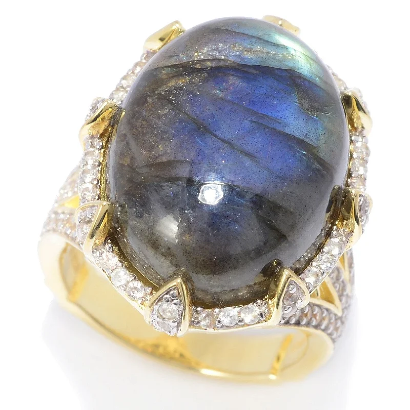 Women’s trendy rings-22 x 16mm Oval Labradorite & White Zircon North-South Ring