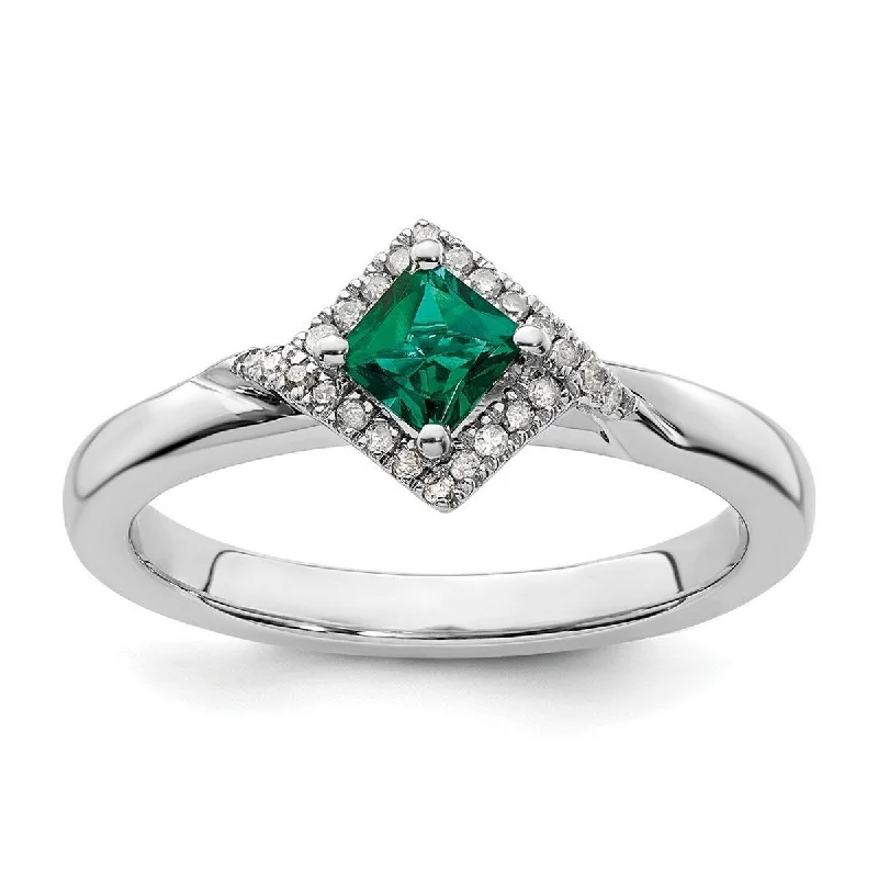 Women’s geometric rings-Curata 2.25mm 925 Sterling Silver Prong set Stackable Expressions Polished Created Emerald and Diamond Ring