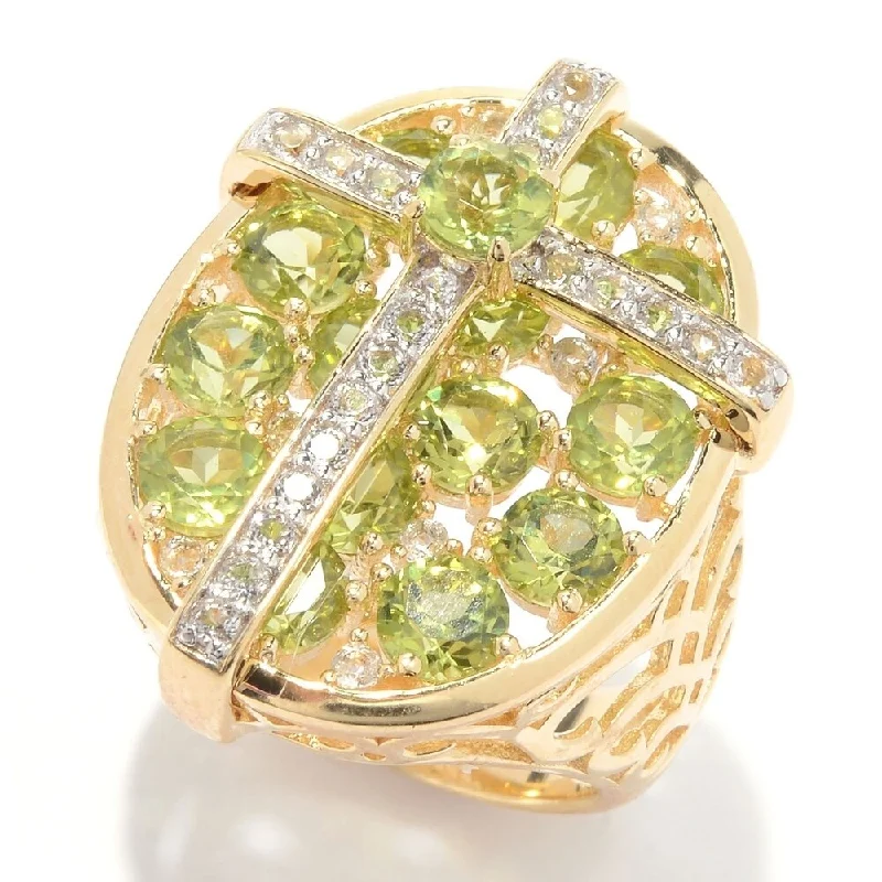 Women’s rose gold rings-18K Yellow Gold Over Silver 4.9Ctw Peridot & White Topaz Cross Cluster Ring