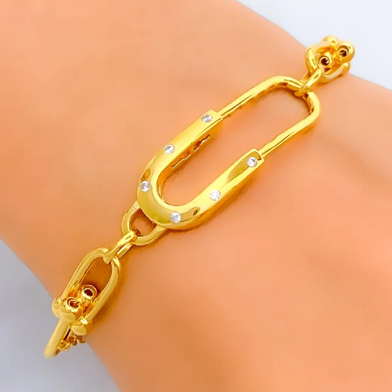 Women’s adjustable charm bracelets-Unique Interlinked Paperclip 21k Gold CZ Bracelet