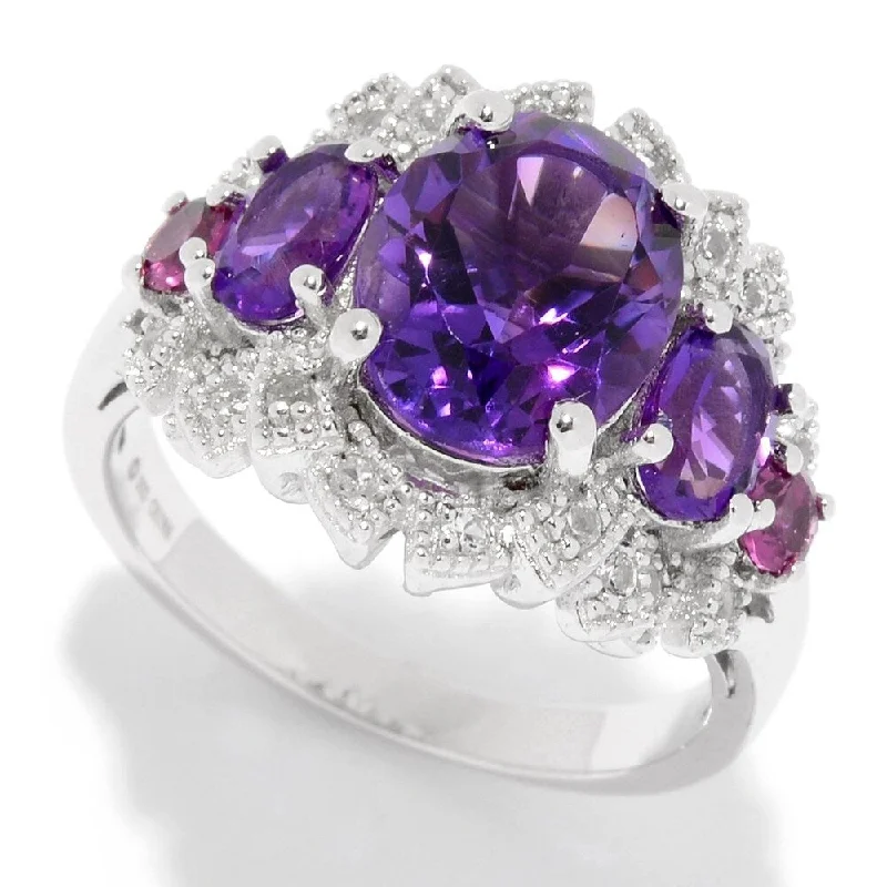 Women’s personalized rings-Sterling Silver Amethyst & White Topaz Fancy Halo Ring