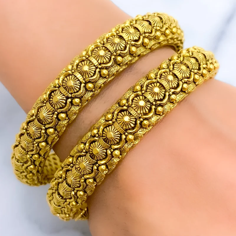 Women’s elegant bracelets-Tasteful Flower Oxidized 22k Gold Bangles