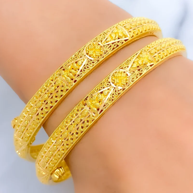 Women’s leather bangles-Intricate Floral 22k Gold Bangle Pair