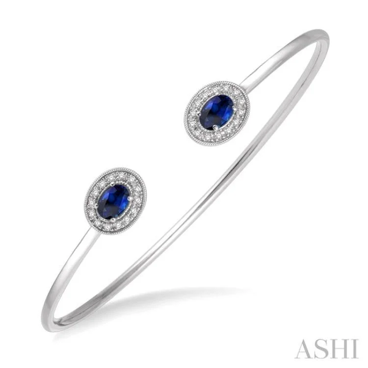 Women’s handmade bracelets-1/5 ctw Oval Cut 6x4mm Sapphire & Round Cut Diamond Precious Flexi Bangle in 14K White Gold