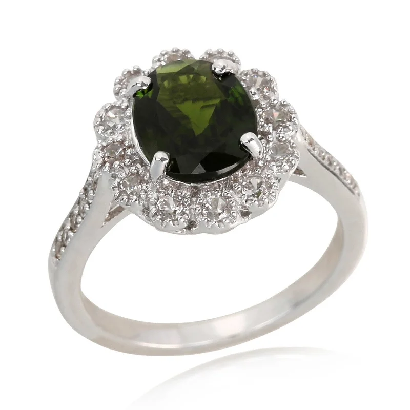 Women’s vintage diamond rings-925 Sterling Silver Chrome Diopside and White Natural Zircon Cocktail Ring