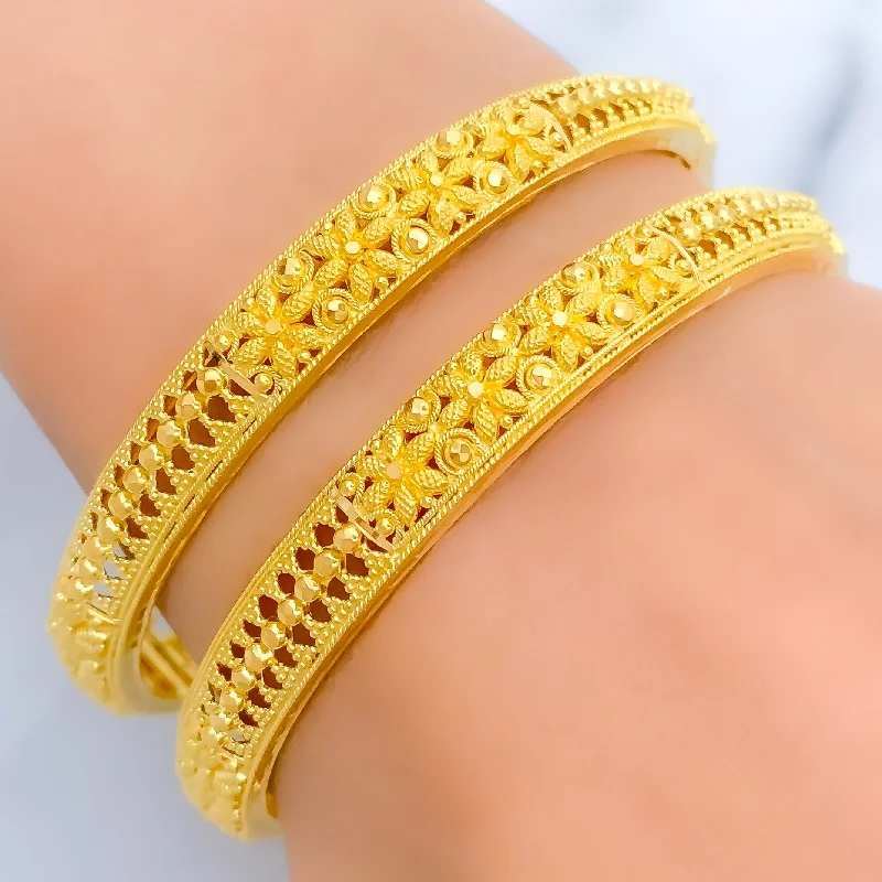 Women’s charm bangles-Beautiful Triple Flower 22k Gold Bangle Pair