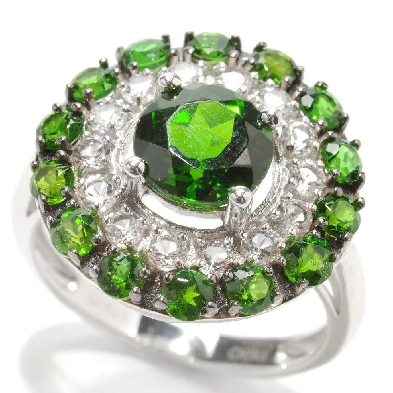 Women’s men’s rings for women-925 Sterling Silver Chrome Diopside and White Topaz Ring