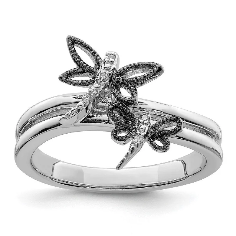 Women’s silver wedding rings-Curata 925 Sterling Silver Polished Prong set Closed back Diamond Black Rhodium Plated Dragonfly Ring