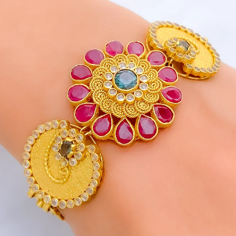 Women’s luxury bangles-Traditional Flower 22k Gold Antique Bangle Bracelet