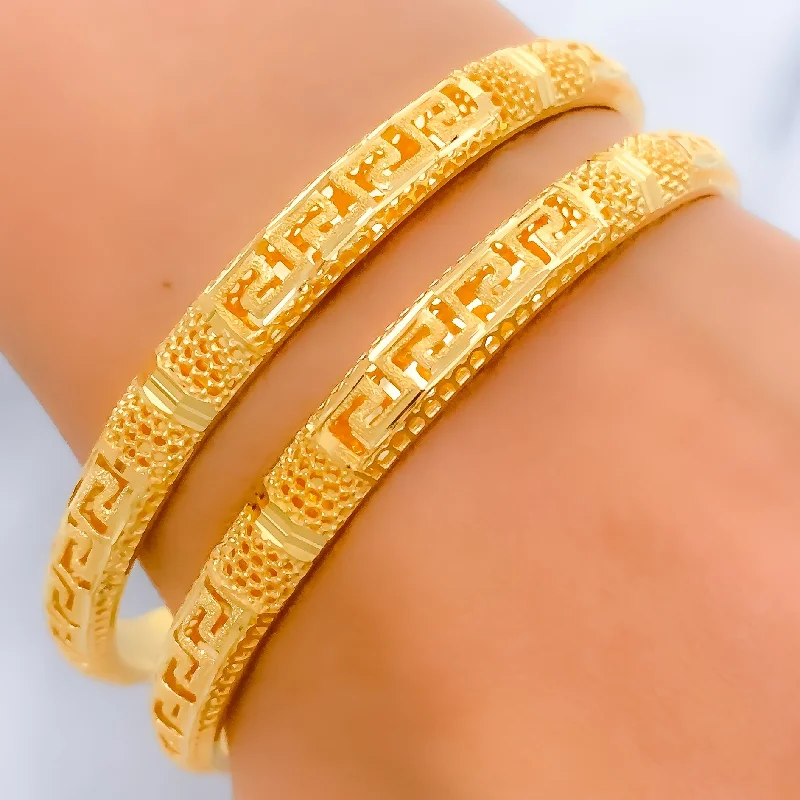 Women’s thin bracelets-Intricate Geometric Netted 21k Gold Bangles